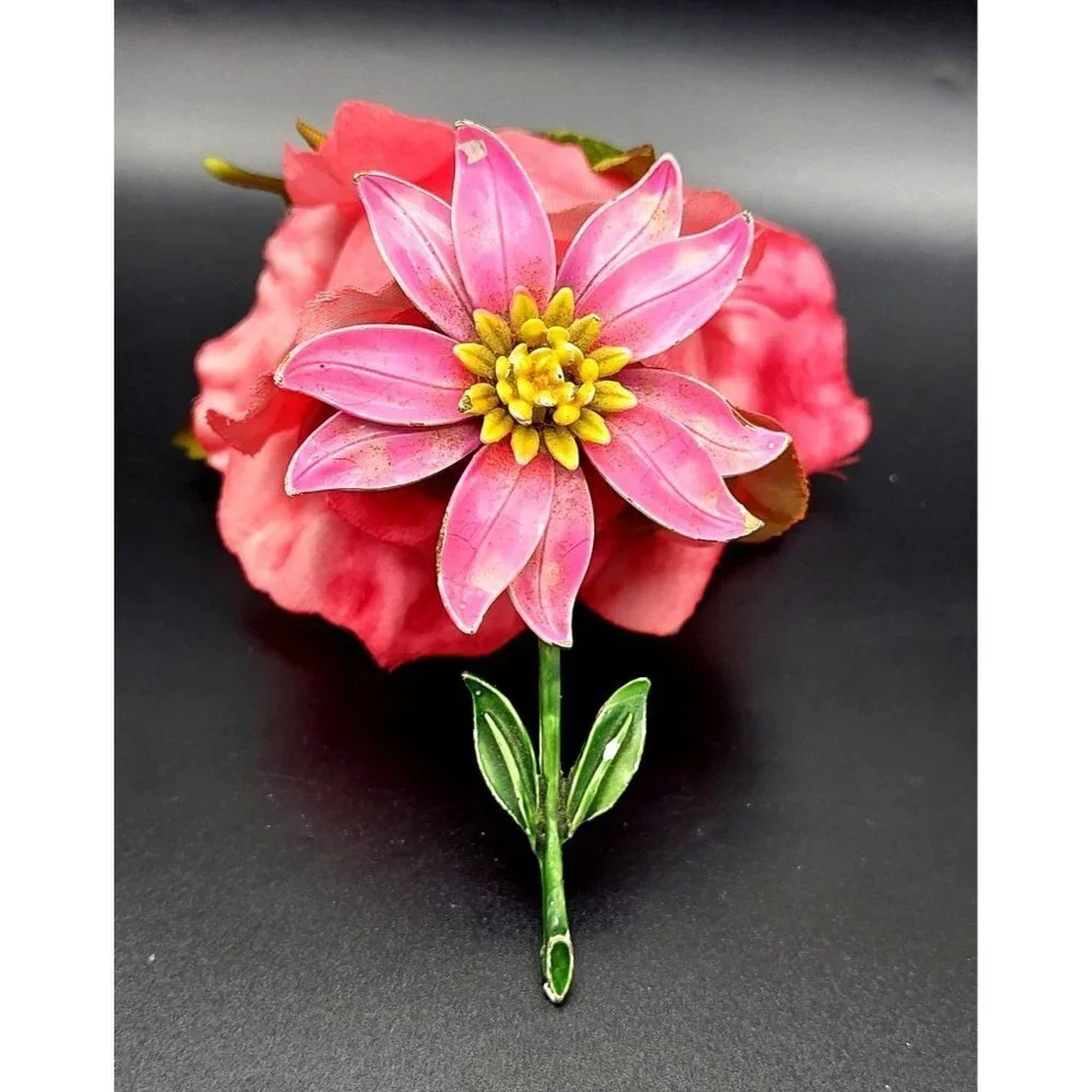 Vintage Pink Metal Flower Wobbler Brooch Pin 3.5" - Picture 2 of 6